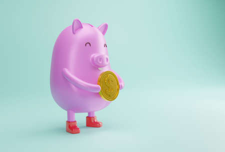 Piggy bank with money coin, 3D renderingの写真素材