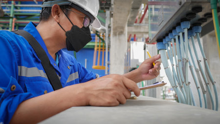 Industrial electrician wearing safety helmet Visual check electrical signal cable in industrial plant. safety concepts and working in industrial plants.の写真素材