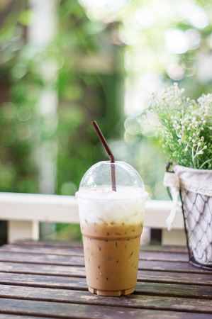 Iced coffee on the wood table.の写真素材
