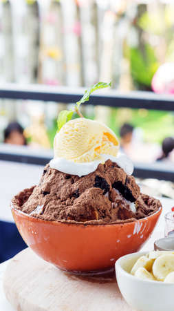 bingsu dessert ice cream chocolate and fruit.の写真素材