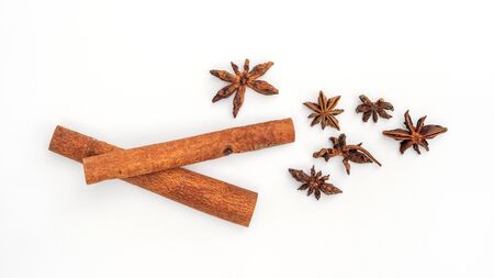 Cinnamon and star anise on  white
