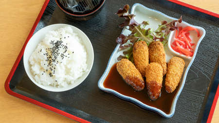 Deep fried chicken tenderloin with Japanese curry, rice, and soup.の写真素材