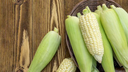 Pure white corn on a wooden table.の写真素材
