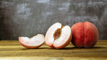 Red peach on a wooden table.