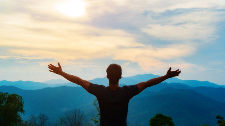 Man feeling fresh when staying at a mountain.
