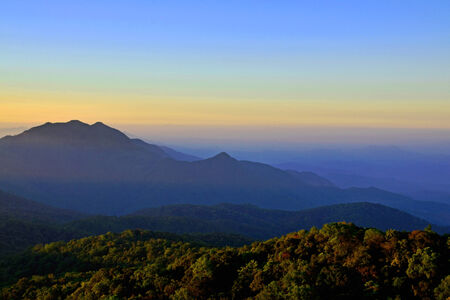 Mountain scene during sunrise with mist over forest
