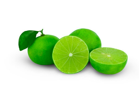 Fresh lime fruit slice, piece on white background, isolatedの写真素材