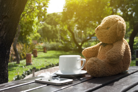 doll on table in the garden at sunny day, blurredの写真素材