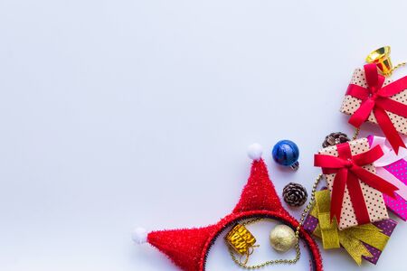 Flat lay of Christmas composition for background on white background. Christmas, winter, new year concept. copy space and soft focus.の写真素材