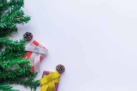 Flat lay of Christmas composition for background on white background. Christmas, winter, new year concept. copy space and soft focus.の写真素材