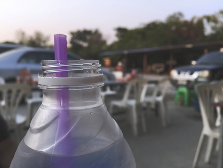 Close-up Bottle of Drinking Water At Outdoor Restaurantの写真素材