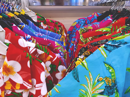 Hanging Colorful Patterned Shirts for Summer Vacationの写真素材