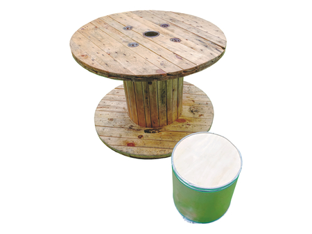 Round Wooden Table made of Winch Roll Isolated on White Backgroundの写真素材