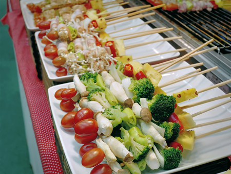 High Angle View of Vegetable Barbecue Sticks Ready to Grillの写真素材