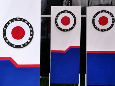 Blank Dart Targets Hanging on Wooden Boardsの写真素材