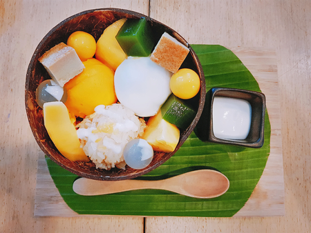 High Angle View of Japanese-Style Ice Cream with Mango and Diced Puddingの写真素材