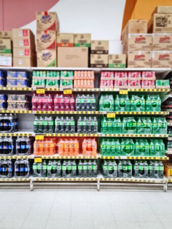 Full Frame Blurred Background of Packs of Soft Drink Bottles on Shelf at Retailed Storeの写真素材