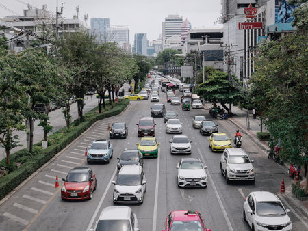 Henri Dunant Rd., Bangkok / Thailand - April 3, 2021: Rows of Vehicles on the Roadのeditorial素材