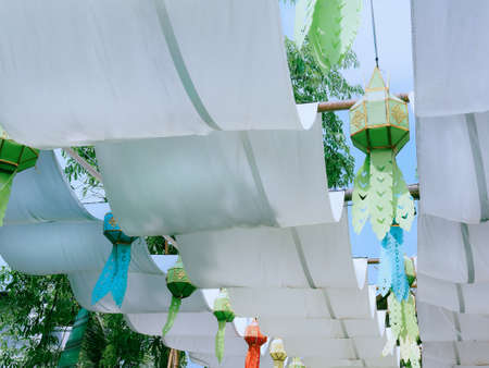 Low Angle View of Decorative Hanging Lanterns at Thai Festivalの写真素材