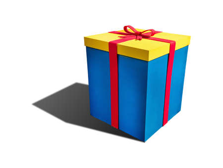 Illustrated 3D Rendering of Blue and Yellow Giftbox on White Backgroundの写真素材