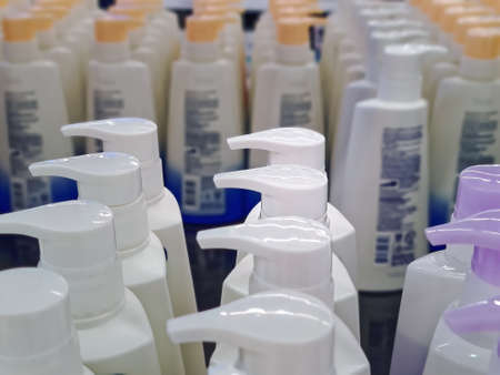 Rows of Plastic Shampoo Bottles with Pumping Capの写真素材