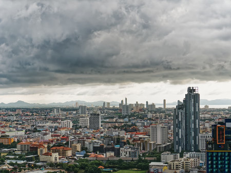 Cityscape in Dark Cloud Stormy Weatherの写真素材