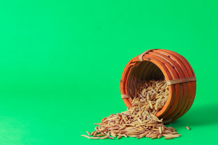 traditional pot of paddy grains symbolising hindu harvesting festival of makar sankranti or poush sangkranti and laxmi pujaの写真素材