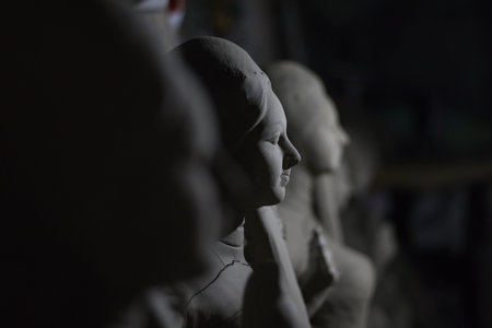 Idol of hindu goddess saraswati being sculpted by clay during saraswati puja or vasant panchami festival in kolkata india..の写真素材
