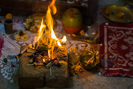 Hindu pooja ritual yagya or yajna, which is fire ceremony performed during marriage, puja and other religious occasions as per vedic traditions of sacrifice.の写真素材