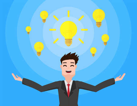 Businessman with many idea bulbs, vector illustration.のイラスト素材