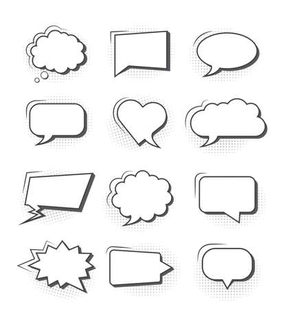 Set of simple empty comic speech bubbles with black halftone shadows.のイラスト素材