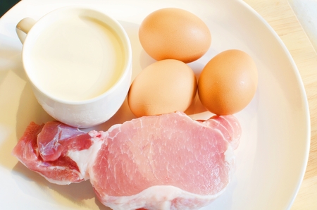 Meat, milk and eggs raw food ingredientの写真素材