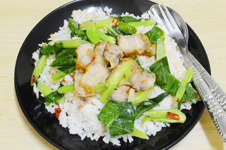 Rice topped with stir-fried pork with Kaleの写真素材