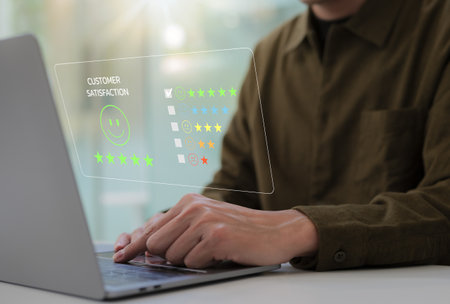 Customer review satisfaction feedback survey concept. Client give five star rating to service experience on app. Customers opinion evaluate the quality of services to reputation and business success.の写真素材