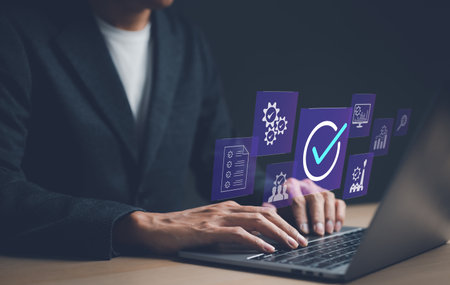 Standard quality control certification assurance concept. Businessman working with checkbox icon of guarantee. certification of standard of company product, warranty best,の写真素材