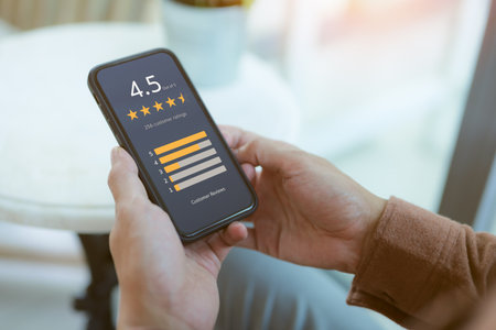 User comment and give excellent rating to service experience on online application, User evaluate...