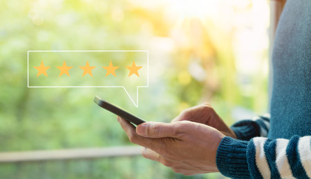 Client satisfaction feedback review survey concept, Customer give a rating five star to service...