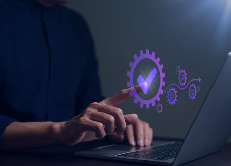 Standard quality control certification assurance concept. checked garantee of standard of company product, man working with sign of the top service Quality assurance, Guarantee, Standards, warranty,の写真素材