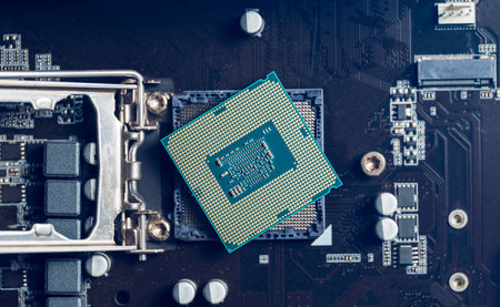 CPU microprocessor on socket of the motherboard. Concept of Computer technology and hardware...