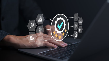 Standard quality control certification assurance concept. Businessman working with checkbox icon of...