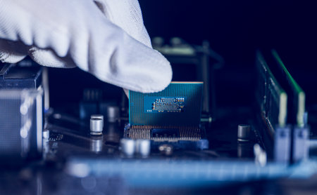 Central Processing Unit (CPU), Repairman computer Installation CPU on socket of the motherboard. Computer technology and hardware maintenance or repair. microprocessor laboratory, technician engineer,の写真素材