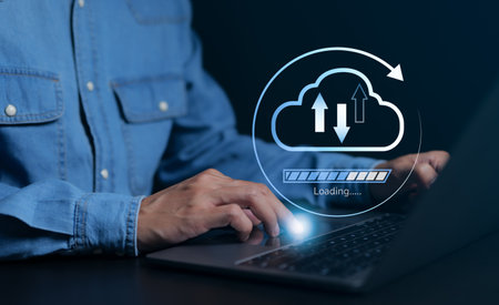 Technology data transformation concept. Businessman using computer with virtual glowing cloud...