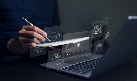 Student or man use computer for elearning, education online, Internet Technology webinar, Online...
