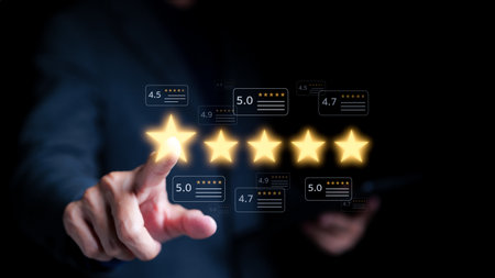 Customer review satisfaction feedback survey concept. Man or User give rating to service excellent...