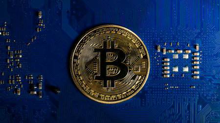 Finance And Investment Concept. Bitcoin golden coin on computer circuit board. Electrical circuit...