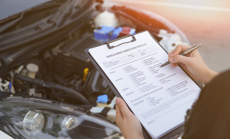 Checklist vehicle inspection. car mechanic repairman checking a car engine with inspecting writing on clipboard the checklist for repair car, Car Repairs, vehicle maintenance, Automotive mechanic,の写真素材