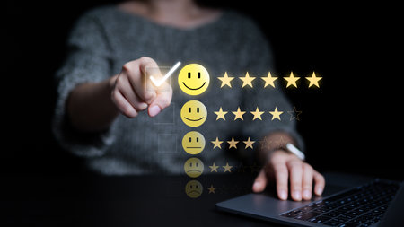 Customer review satisfaction feedback survey concept. User give rating to service excellent...