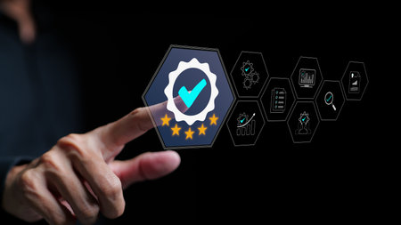 Businessman touching quality assurance symbol. Quality assurance concept. quality control and...