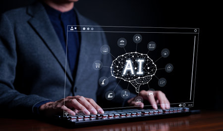 AI or Artificial intelligence concept. Businessman using computer use ai to help business and used...