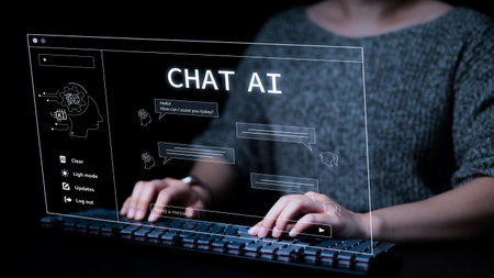 Woman using a computer chatting with an intelligent artificial intelligence asks for the answers he wants. Chat with AI or Artificial Intelligence technology. AI to help work,の写真素材